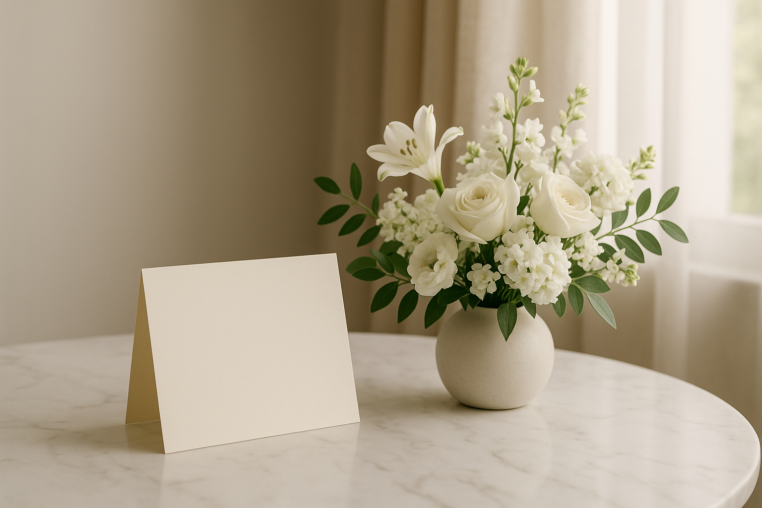 Tarjeta de condolencia y arreglo floral blanco sobre mesa