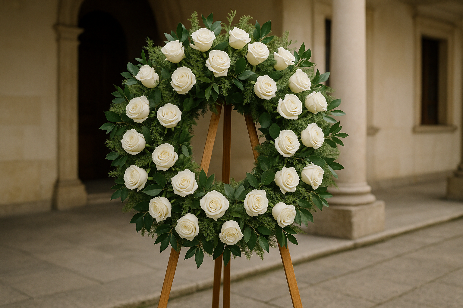 Corona fúnebre con rosas blancas y follaje verde sobre trípode de madera