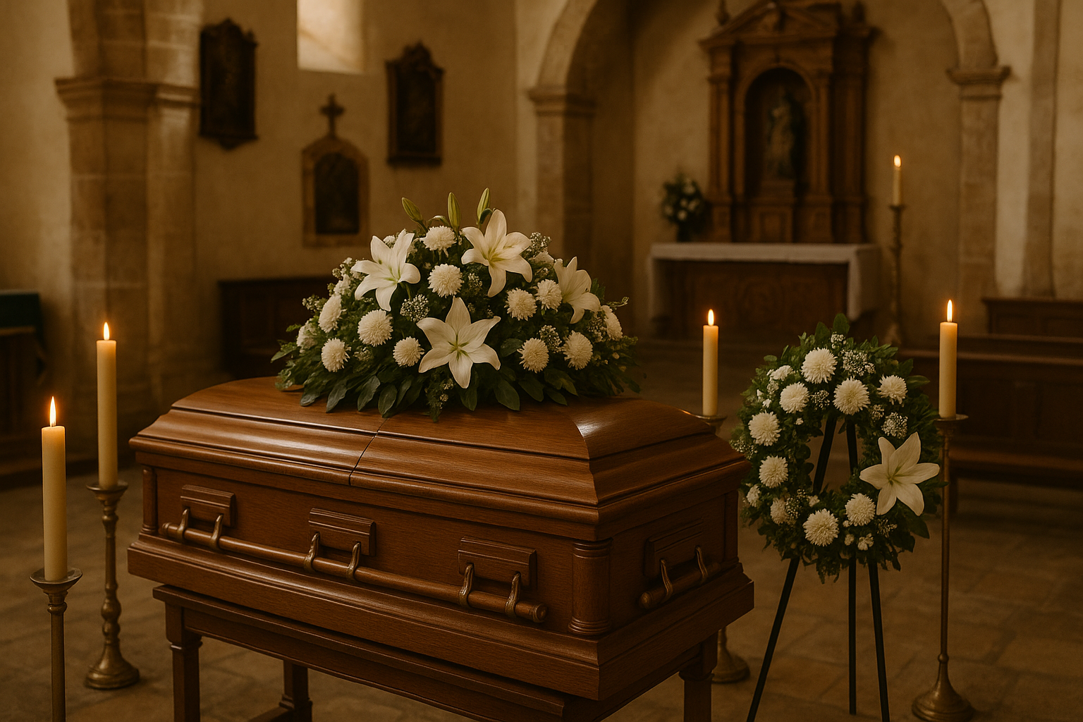 Arreglo floral fúnebre con lirios blancos y velas en capilla colombiana