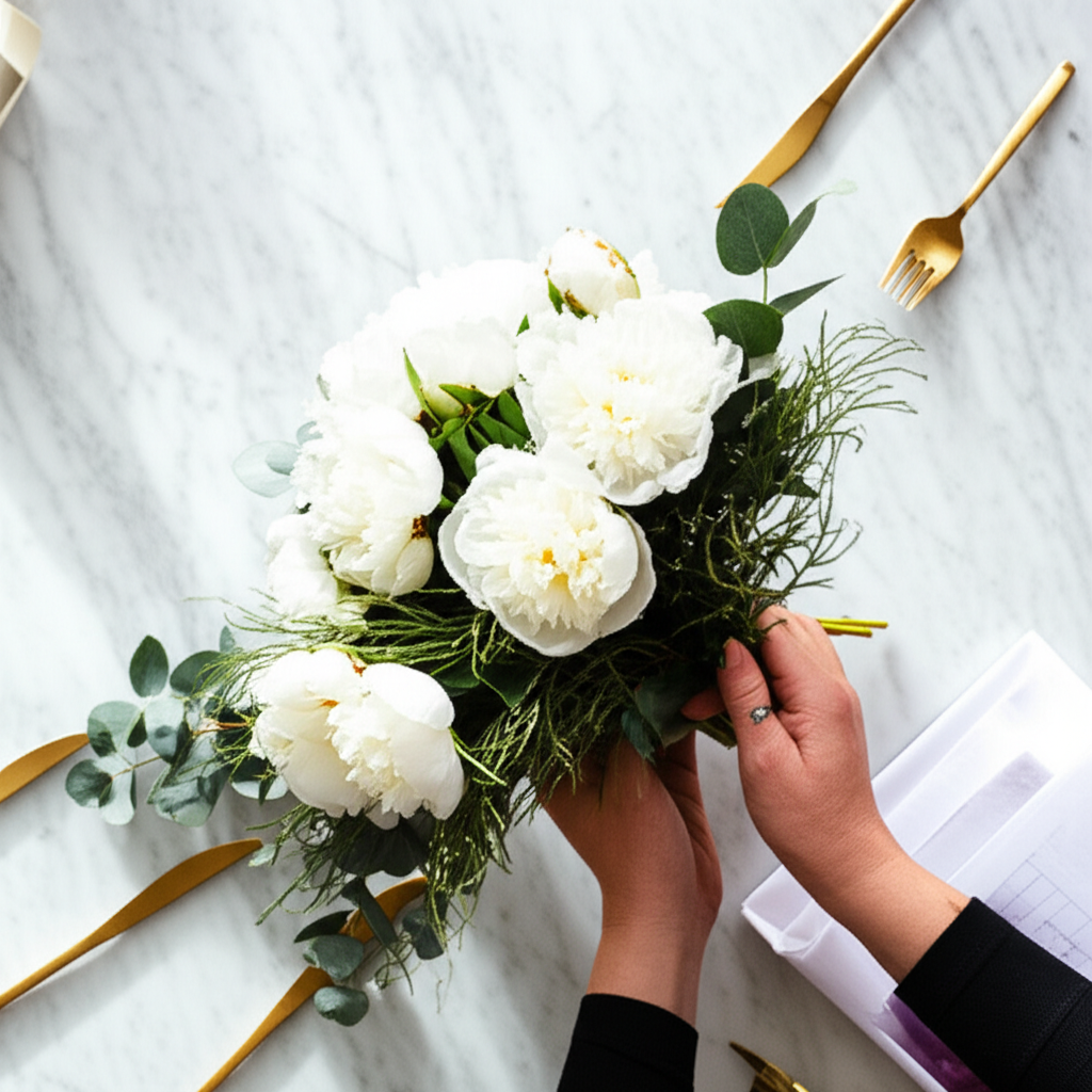 Florista profesional preparando centro de mesa para gala