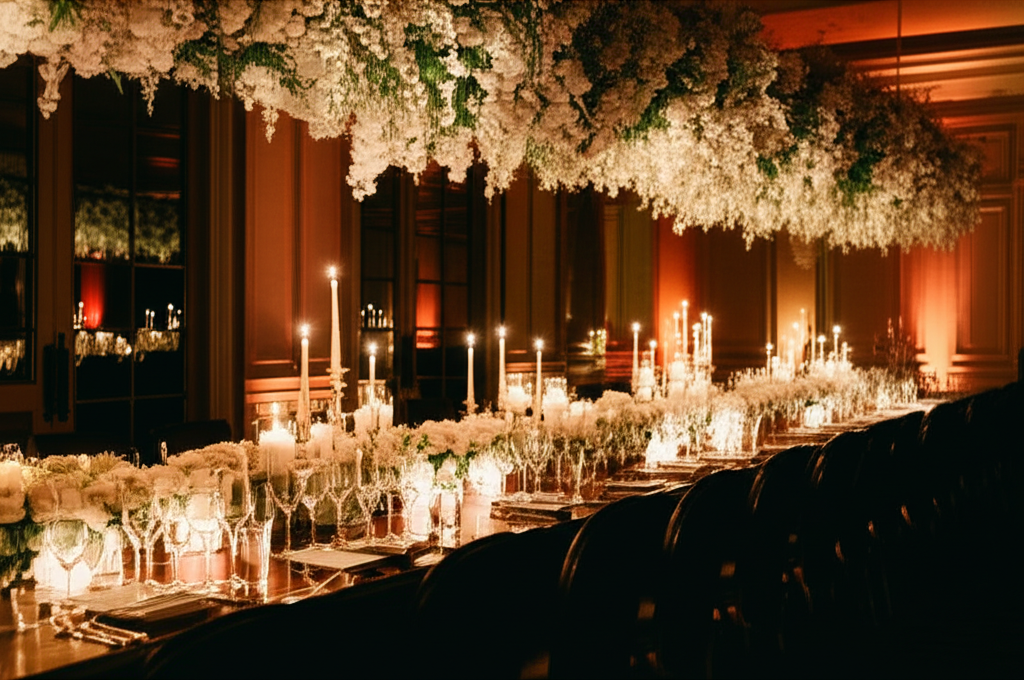 Salón de eventos elegante con instalaciones florales y cristalería