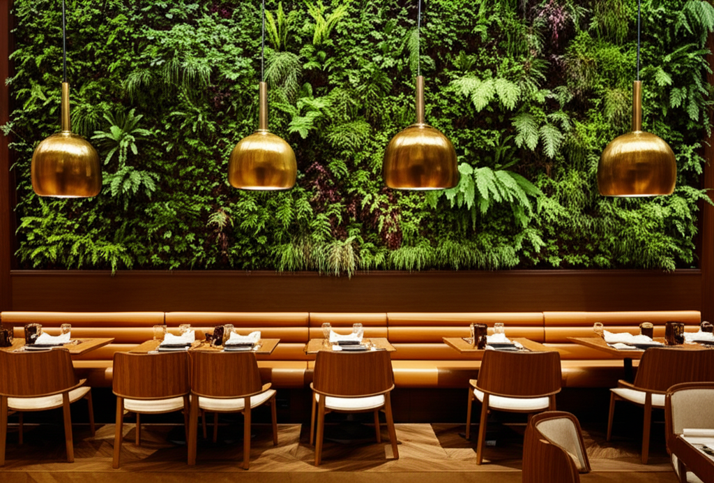Interior de restaurante de alta gama con diseño botánico