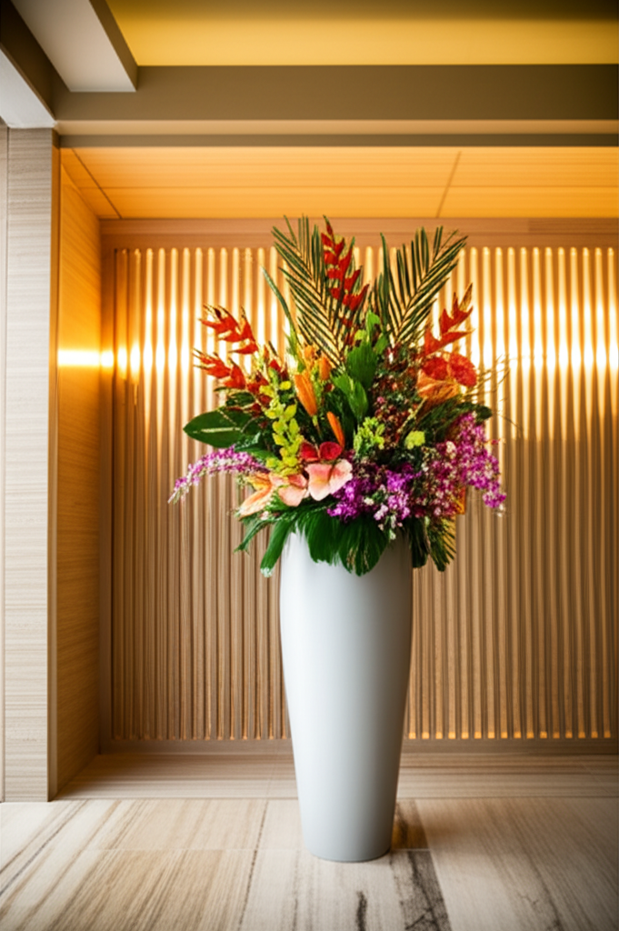 Arreglo floral con orquídeas y heliconias en restaurante