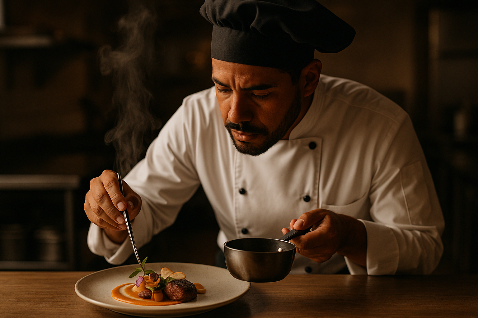 Chef profesional realizando el montaje de un plato de alta cocina para evento corporativo