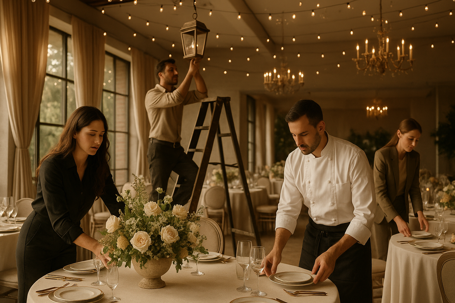 Equipo de producción creativa montando un evento de lujo en Colombia