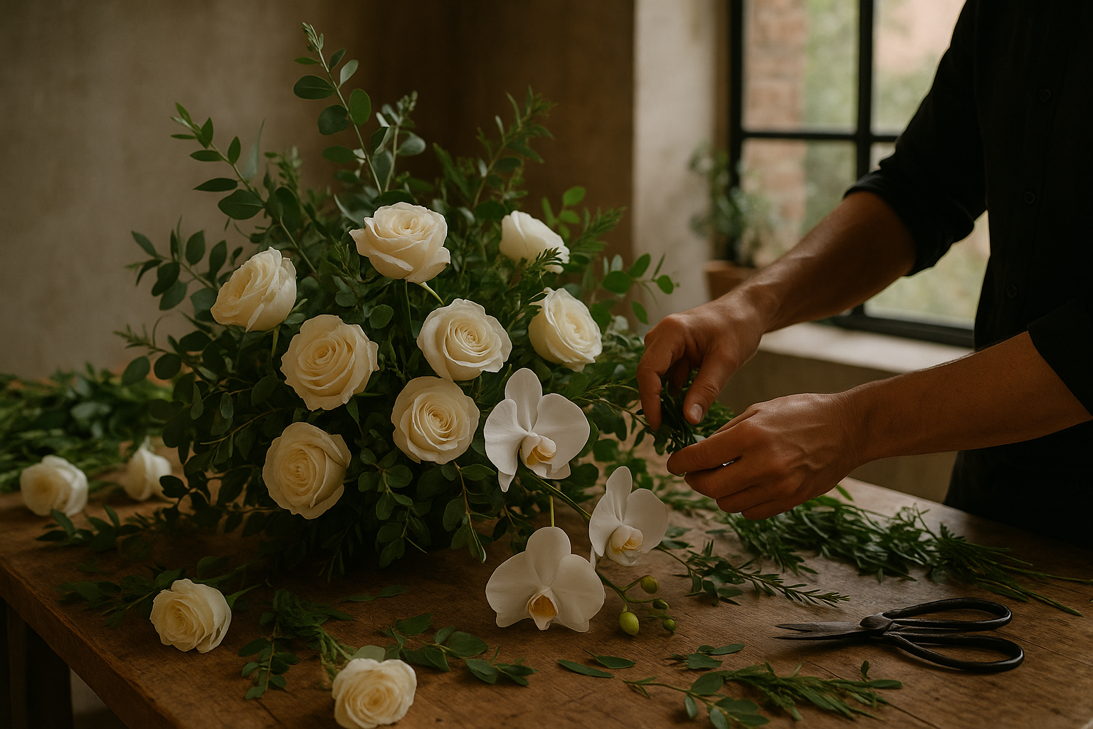 Artesano floral trabajando en un arreglo de rosas blancas y follaje para un evento de gala