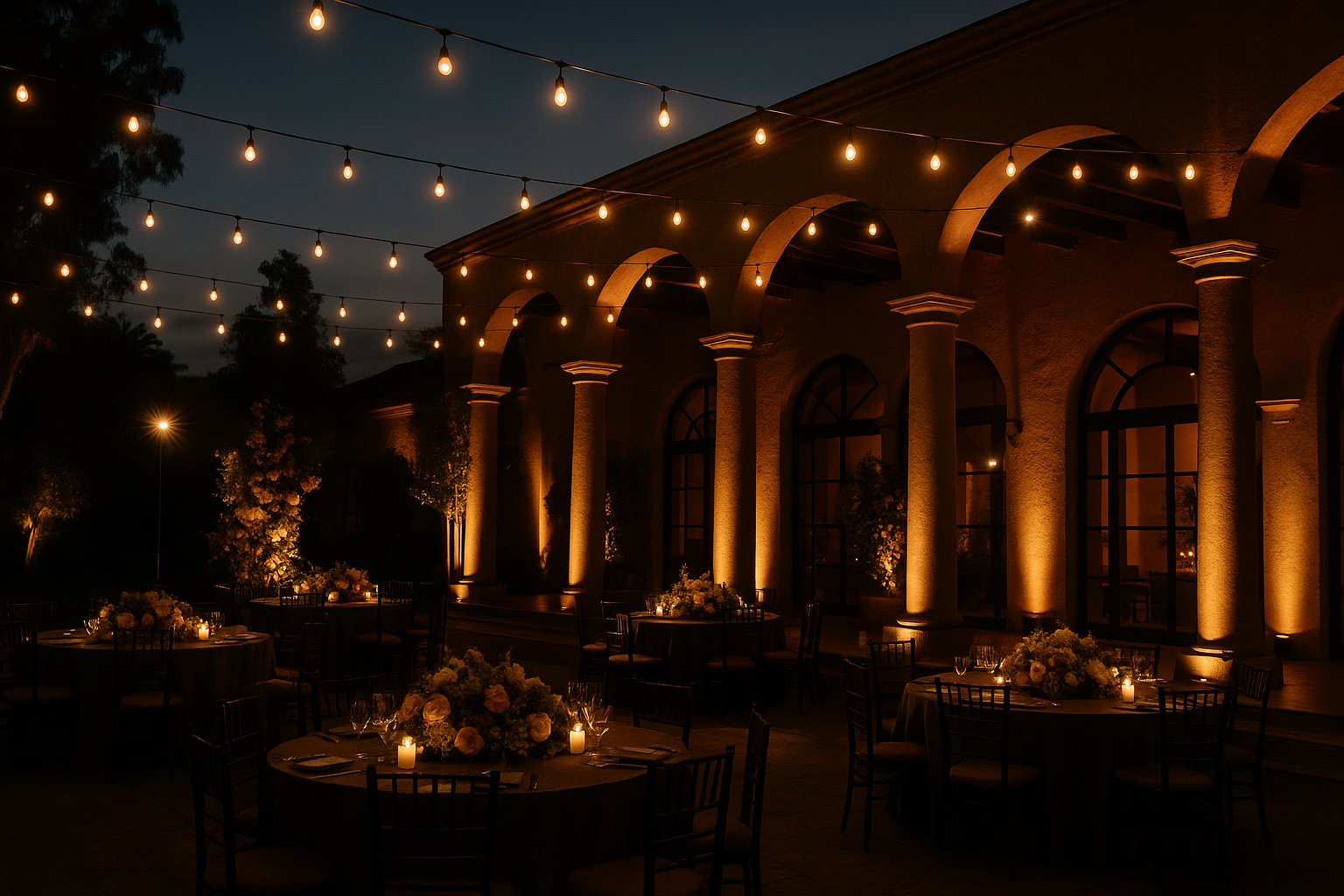 Espacio de evento con diseño de iluminación arquitectónica y ambientación floral